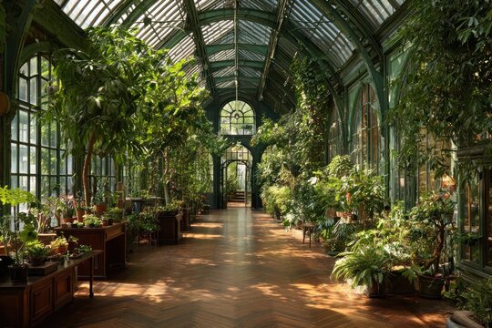 Victorian greenhouse with lush tropical plants and arched glass ceilin