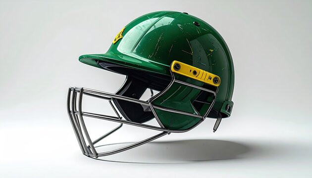 Shiny green sports helmet with silver cage, against a white background