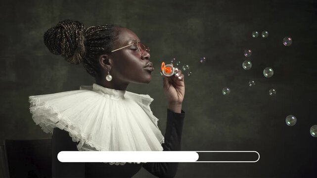 Stylish woman blowing soap bubbles with loading bar overlay stop motion. Concept of playful waiting, social media loading, beauty content, entertainment app and digital pause.