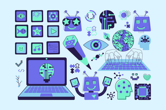 AI Technology Doodle Interface Icons Blue Violet Collection. Flat Style Vibrant Colors Tech Branding Set