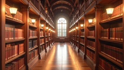 Fototapeta premium Elegant library interior with bookshelves and warm lighting for academic use
