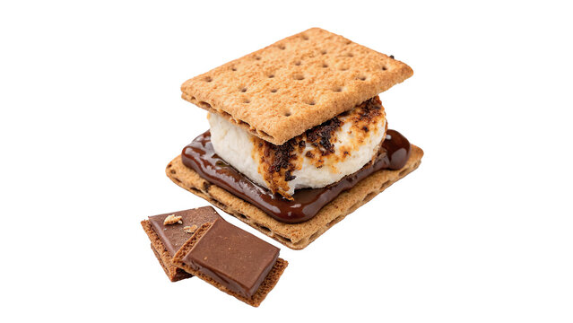 Gourmet homemade s'mores dessert with toasted marshmallow and melted chocolate between crispy graham crackers for camping isolated on transparent background cut out