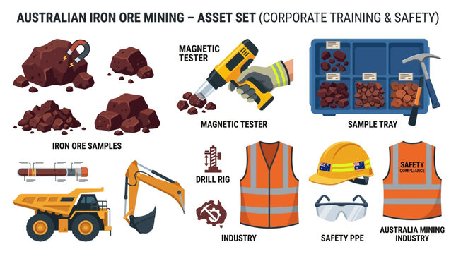 Comprehensive graphic set showcasing Australian iron ore mining equipment samples and essential safety gear icons