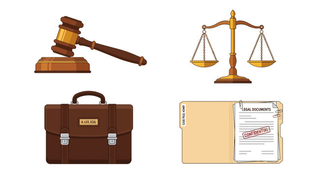 Wooden judge gavel with brass justice scales plus leather briefcase and confidential file folder icon set