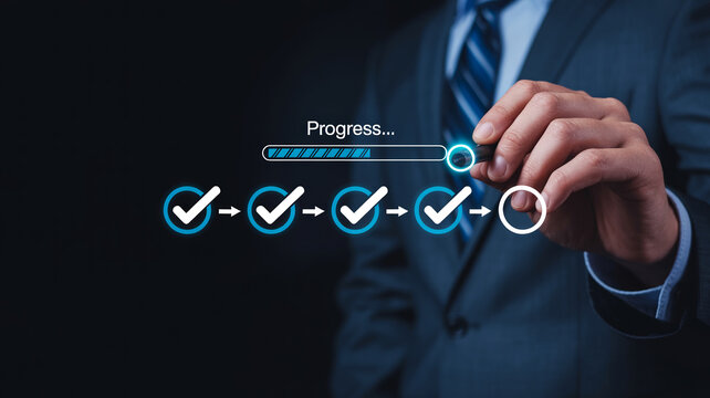 Businessman pointing at digital loading bar showing business progress and completed tasks.