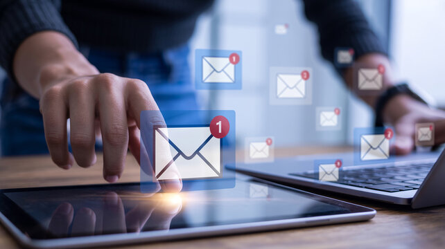 Email marketing concept person checking inbox on digital tablet and laptop with notification icons.