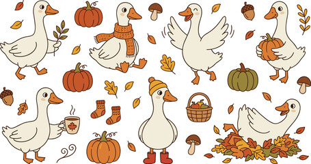 Cute flat vector doodle illustration set of white geese with pumpkins falling leaves and cozy autumn season elements © Ratna