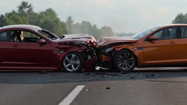 Damaged cars colliding head on in this realistic vehicle crash animation video footage
