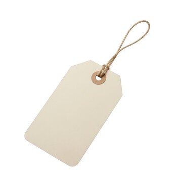 Simple beige paper tag with string isolated on transparent background