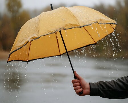Hand in a yellow raincoat holds a yellow umbrella in raining par
