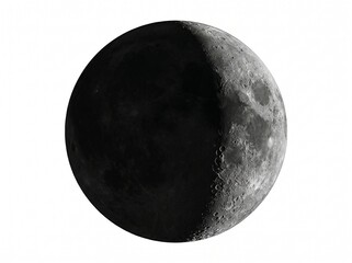 Naklejka premium Realistic grayscale depiction of the waxing crescent moon phase, detailed lunar surface isolated on white background file.