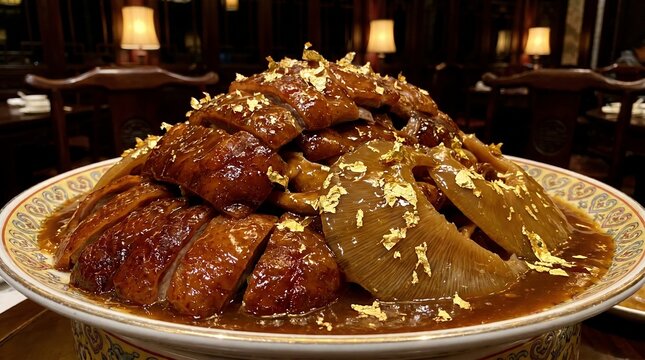 Large portion of Peking duck with shark fin and gold leaf