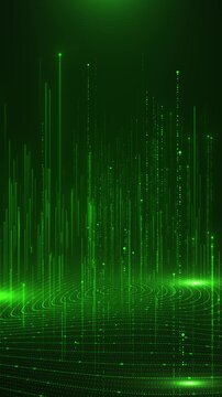 Green tech grid waves with vertical data pillars, glowing dots, and futuristic digital field. Perfect for software videos, AI intros, cyber screens, analytics titles, and overlays.