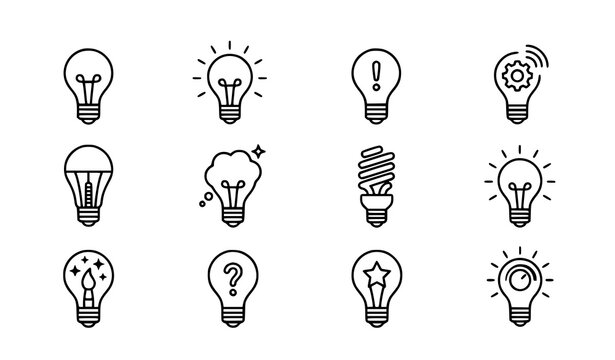 Minimal lightbulb icon set idea lamp thin line vector illustration isolated on white background