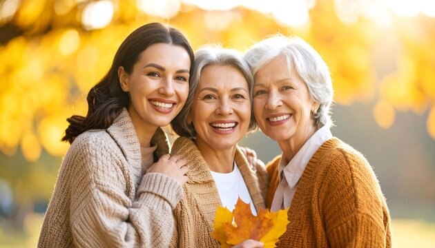Three smiling women of different ages embrace outdoors, showcasing a multigenerational bond amidst colorful autumn foliage