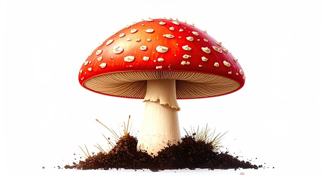 Vibrant red capped mushroom with white spots on pale stalk emerges from dark soil