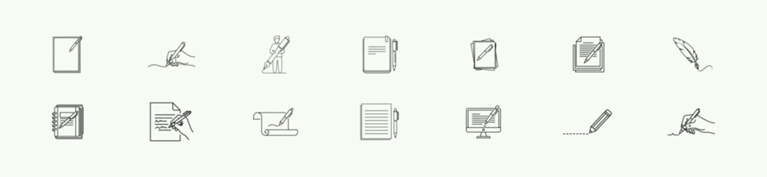 Collection of writing and drawing icons in outline style showing paper pens pencils scrolls and hand writing for creative process documentation and education themes.