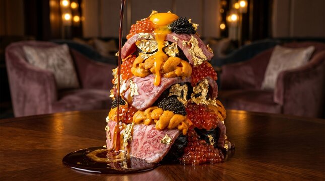 Wagyu beef tower with sea urchin and caviar