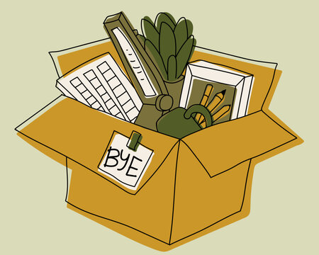 Moving Packing Box Relocation Lifestyle Minimal Yellow Green Illustration. Cardboard Container Filled Household Items Books Plants Tools Personal Belongings Change Living Space Transition
