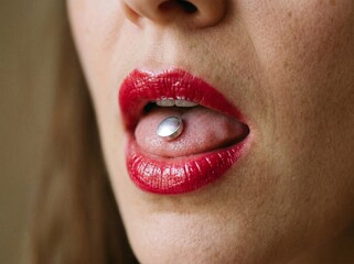 Naklejka premium Hyper-realistic close-up of a glossy pill resting on a tongue for medical advertising.