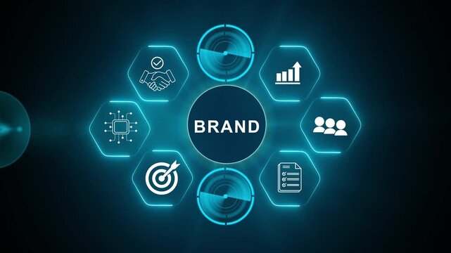 Brand trust and loyalty concept. Touching a glowing Brand icon within a digital network filled with handshake icons, representing trust, credibility, partnerships and strong brand relationships