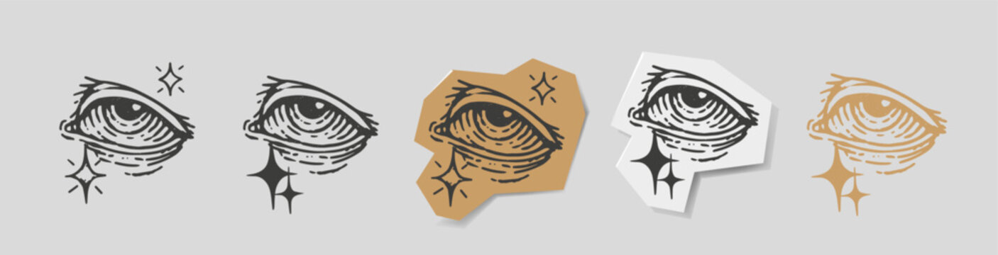 Mystical eye tattoo flash set. Hand-drawn engraving style with sparkling stars. Vintage linocut eyes for stickers, occult branding, and edgy streetwear design.