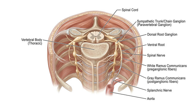 Transverse thoracic spinal segment illustration showing spinal cord, dorsal root ganglia, ventral roots, spinal nerves, white and gray rami communicantes and sympathetic trunk ganglia positioned besid