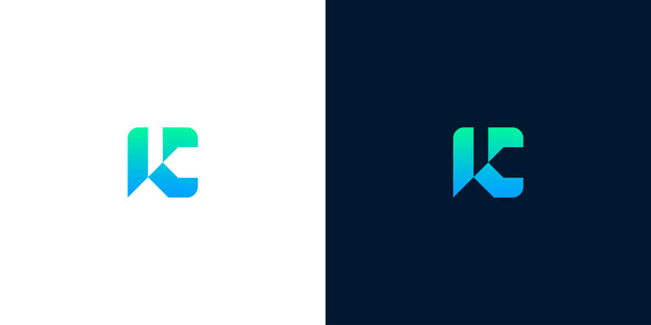 Modern and clean minimalist letter K logo design with a gradient color transition on white and dark blue backgrounds