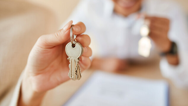 close-up of woman holding house keys with real estate agent in background during home purchase