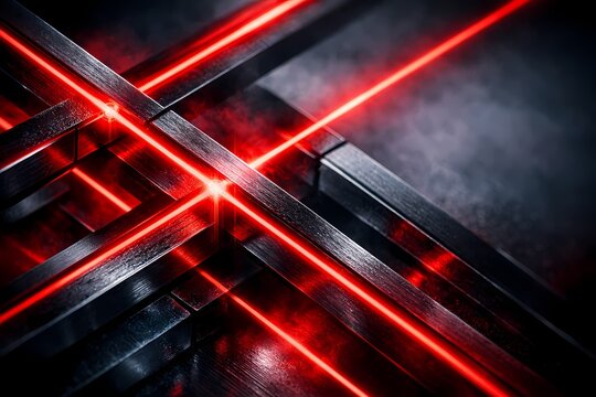 High tech background showing dark metallic grid structures intersected by red laser beams. Ideal for security system concepts, futuristic gaming environments, and modern industrial art.
