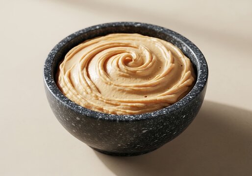 A gourmet bowl of creamy ajonjoli tahini paste displaying a smooth spiral texture served in a rustic dark granite bowl on a light neutral background
