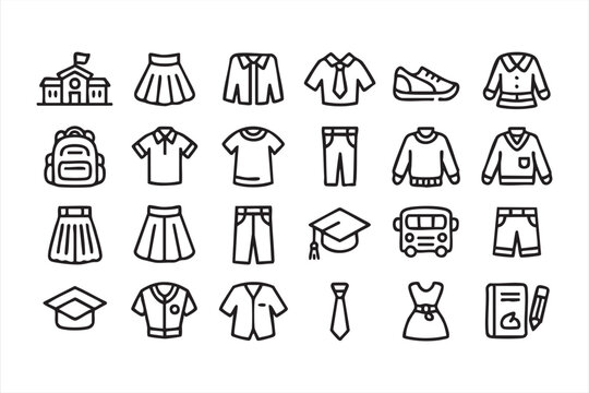 Schoolwear and student clothing line icons including uniform pieces backpack and classroom essentials for education platforms