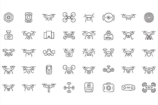 Drone and UAV technology icon set with quadcopter camera flight control and navigation symbols for robotics apps and aviation systems
