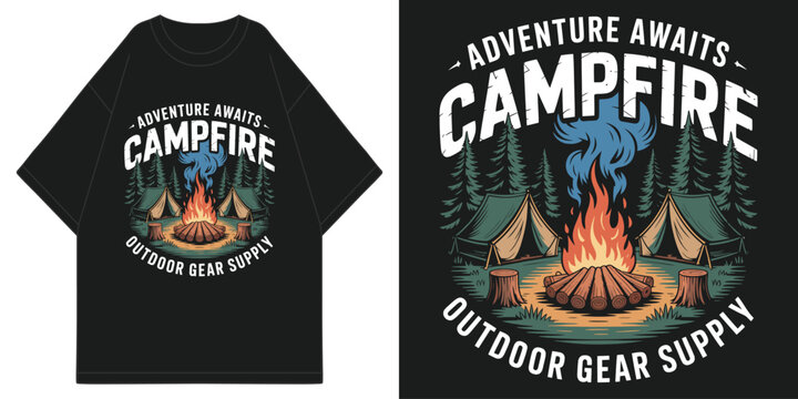 vintage campfire adventure awaits t-shirt design with campfire dual tents forest pine trees and wood stumps retro style t shirt design vector illustration artwork