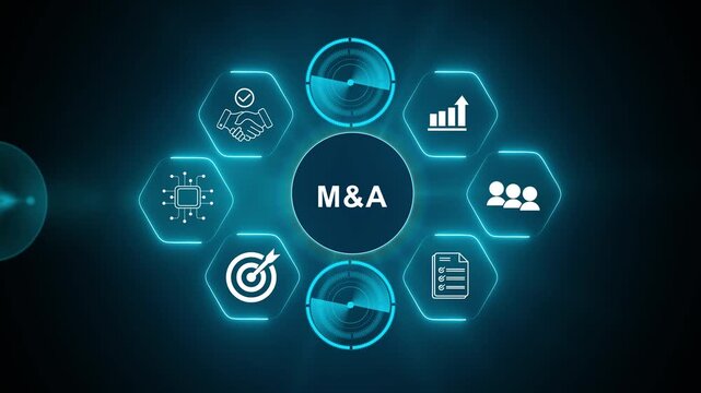 Business mergers and acquisitions concept. Share acquisition, asset business acquisition, amalgamation. Business review and development model. The abbreviation M and A on smart background, copy space.