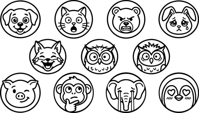 Cute animal emoji avatar outline vector icon set for messaging apps and kids educational game UI design.