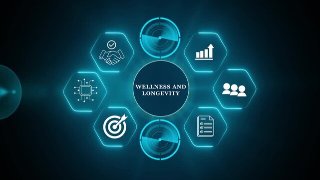 Wellness and Longevity Concept. A medical professional interacts with a digital interface displaying wellness and longevity icons, promoting health and long-term well-being