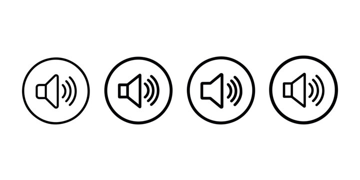 Four volume speaker sound icons with varying signal intensity levels for audio control interfaces settings or multimedia applications in digital web design.