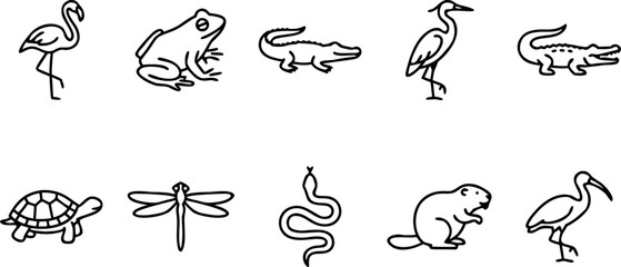 Wetland wildlife animal outline vector icon set for nature conservation blog and environmental educational app design. © Sariful