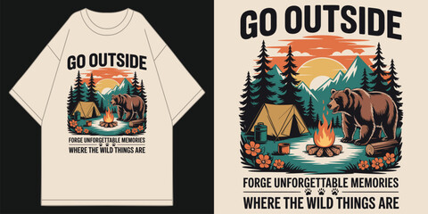 Obraz premium vintage go outside bear camping t-shirt design featuring grizzly bear tent campfire mountain sunset and pine trees retro style t shirt design vector illustration artwork