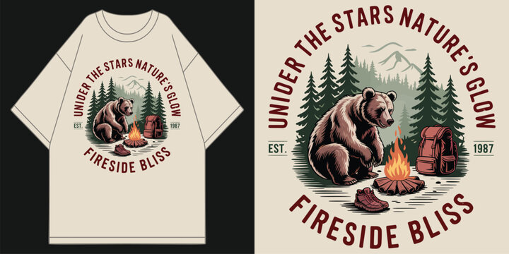 vintage wilderness bear campfire t-shirt design with grizzly bear mountains pine trees backpack and boots retro outdoor style t shirt design vector illustration artwork