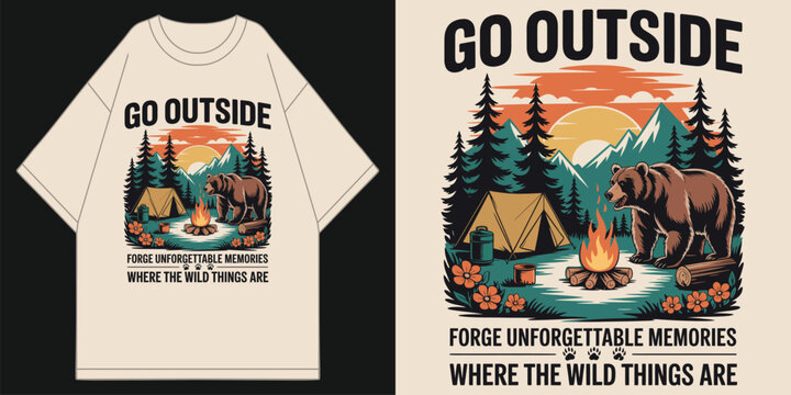 vintage go outside bear camping t-shirt design featuring grizzly bear tent campfire mountain sunset and pine trees retro style t shirt design vector illustration artwork