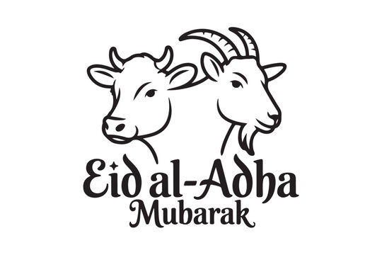 Eid al-Adha Mubarak greeting with detailed cow and goat line art.
