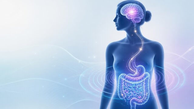 Gut-Brain Axis Microbiome Depression concept. Conceptual illustration of gut brain connection in a human silhouette