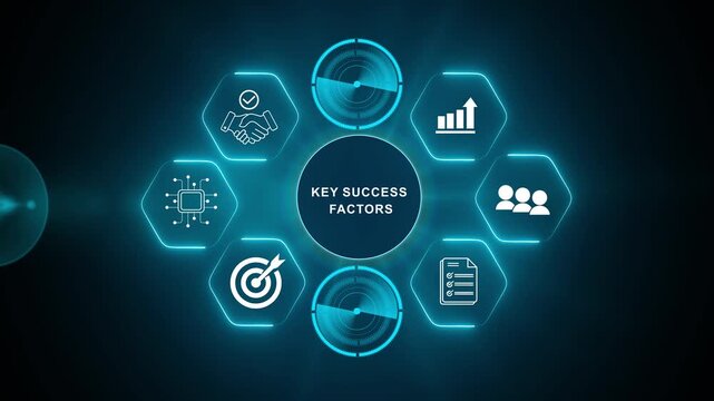 Key Success Factors, Strategic Business Framework. Touching a glowing labeled Key Success Factors within a digital interface, symbolizing strategy, teamwork, performance and competitive advantage