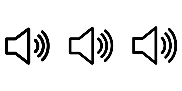 Speaker volume icon set showing sound levels with increasing signal waves for audio adjustment settings in modern digital user interface application menu.