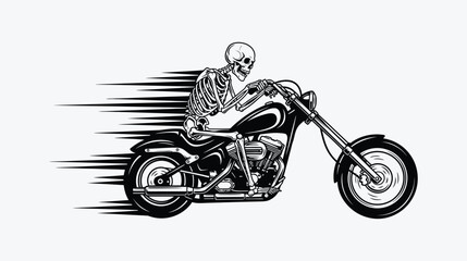 Dynamic black and white illustration of a skeleton rider on a classic chopper motorcycle speeding forward with motion blur lines isolated on a white background representing speed and freedom. © MDISMAIL