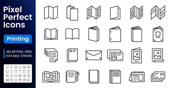 Book, print collateral line icons set. Brochure, catalog, flyer, envelope, letterhead flat minimal vector illustrations. Simple outline signs for publishing house. 48x48 Pixel Perfect Editable Stroke