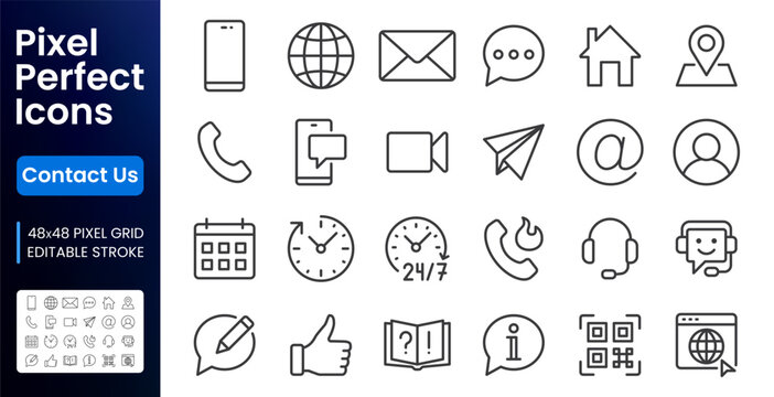 Contact us, customer support line icons set. Telephone, email, chatbot, 24 7 service, FAQ, location flat minimal vector illustrations. Simple outline ui signs. 48x48 Pixel Perfect. Editable Stroke