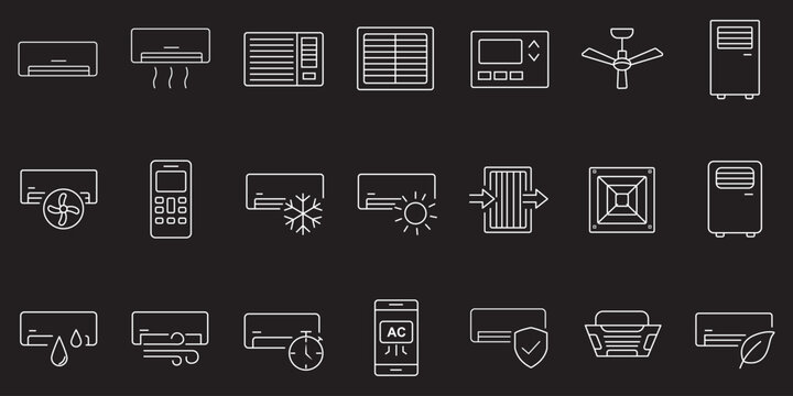 Air conditioner icon set in black and white stroke lines